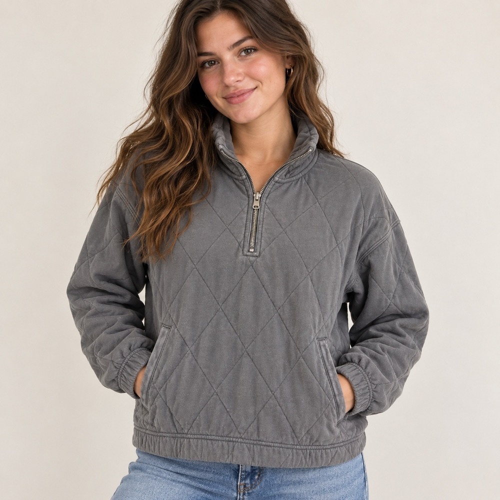 Abercrombie & Fitch Soft A&F Quilted Quarter Zip Sweatshirt Gray Small Y2K